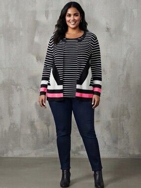 CJ Banks Striped Black White Pink Sweater Fooler Top 3X NWT
